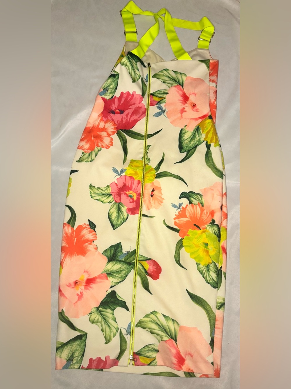 Ted Baker London Floral Midi Dress Neon Straps & Exposed Zip – Size 4 - Picture 3 of 4